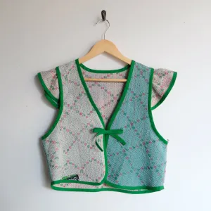 Amelia Flutter Sleeve Vest White and Mint with Lattice Embroidery M068
