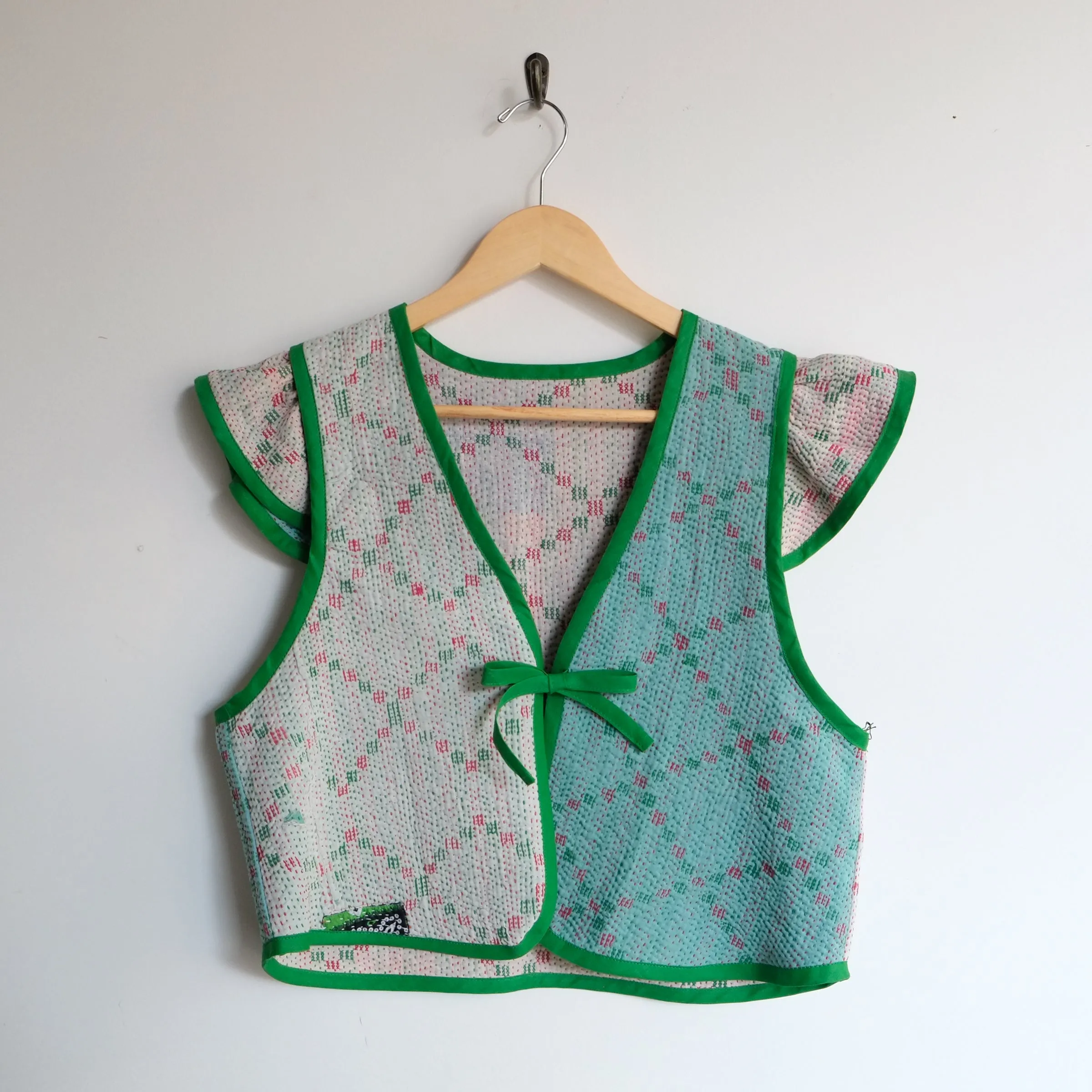 Amelia Flutter Sleeve Vest White and Mint with Lattice Embroidery M068