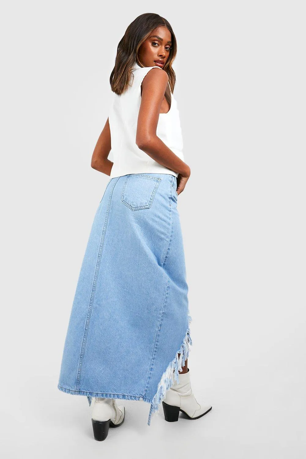 Boohoo Split Denim Maxi Skirt, Blue