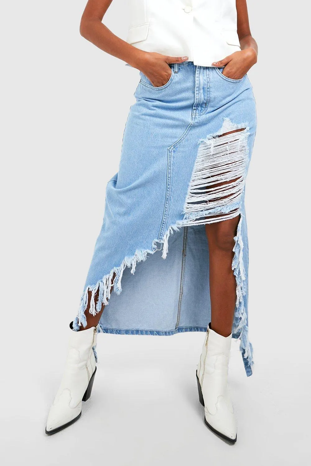 Boohoo Split Denim Maxi Skirt, Blue