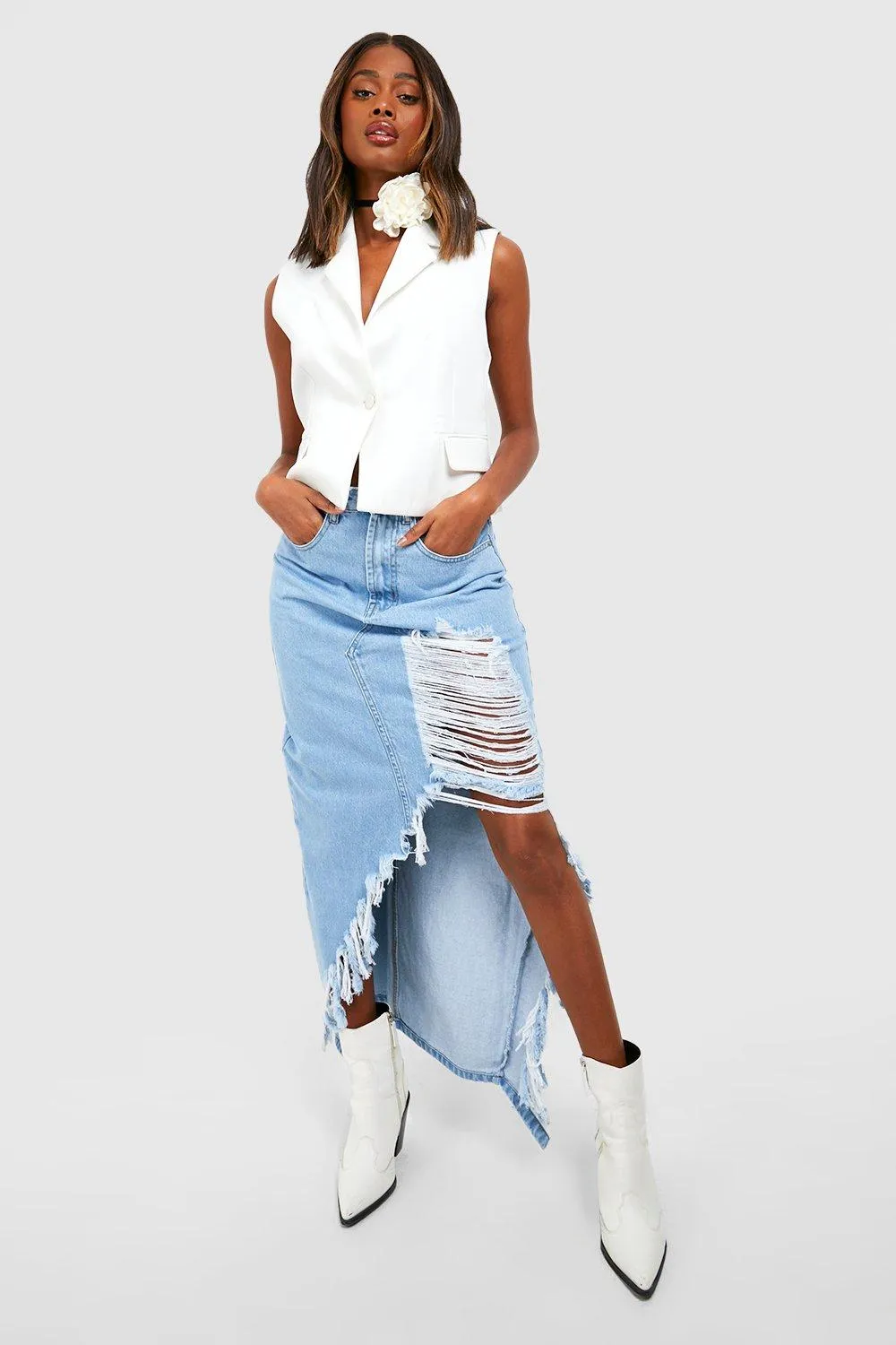 Boohoo Split Denim Maxi Skirt, Blue