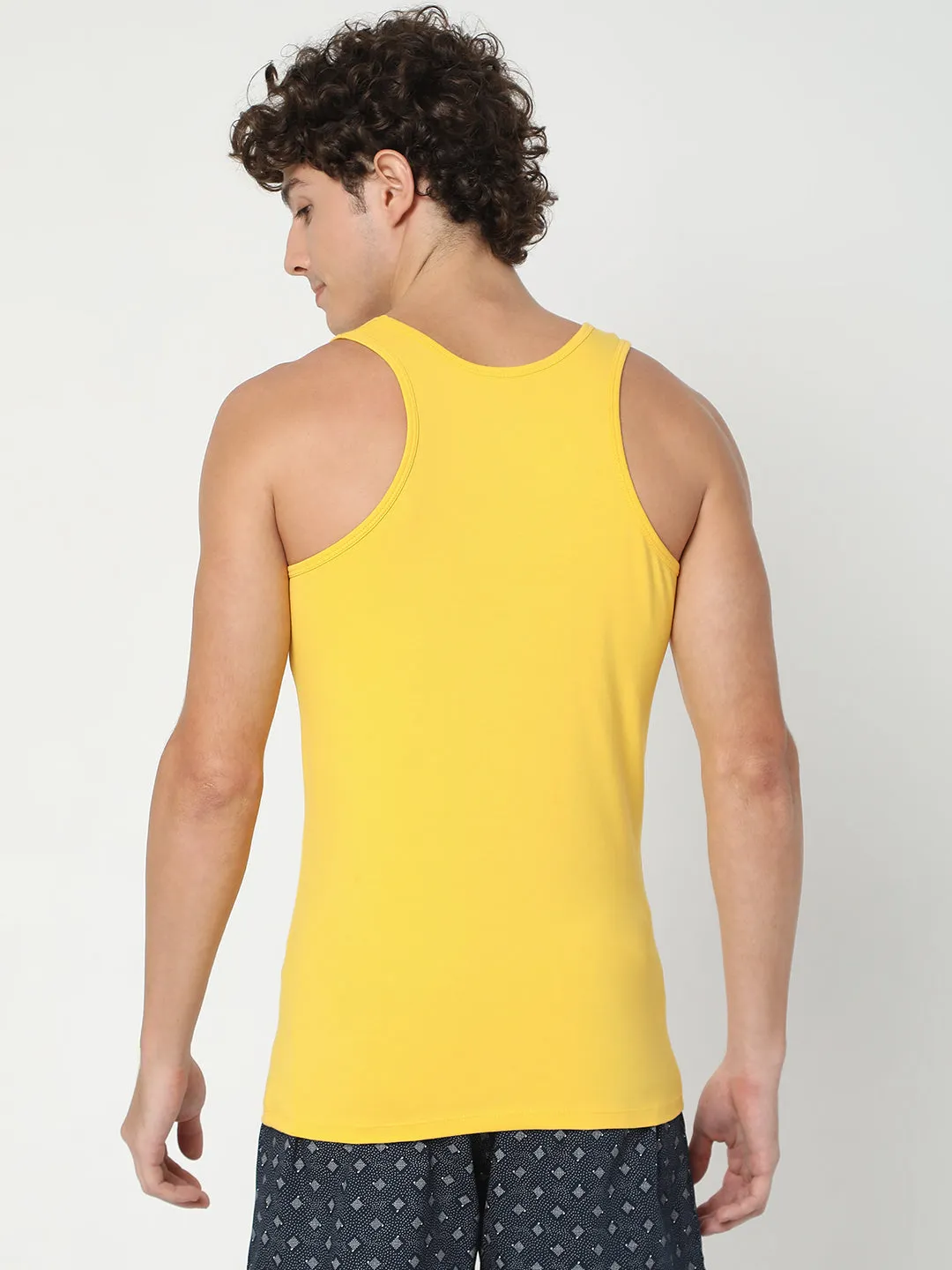 Men Premium Yellow Cotton Blend Regular Fit Vest - Underjeans By Spykar