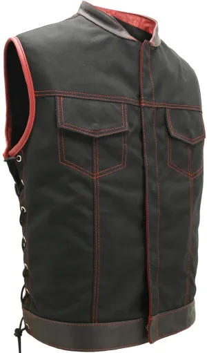 Mens Made in USA Black And Red Military Grade Cordura Motorcycle Vest Hidden Snaps