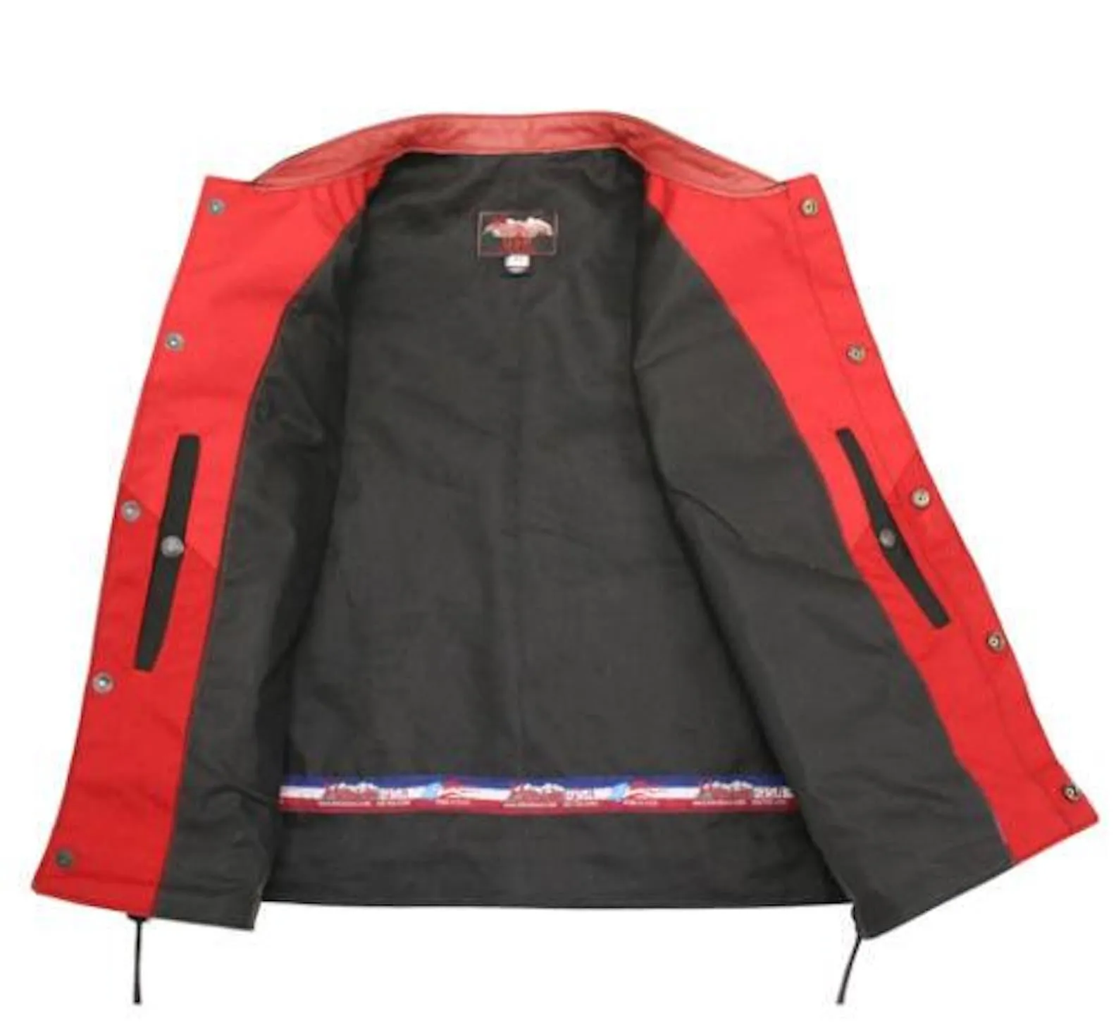 Mens Made in USA Black And Red Military Grade Cordura Motorcycle Vest Hidden Snaps