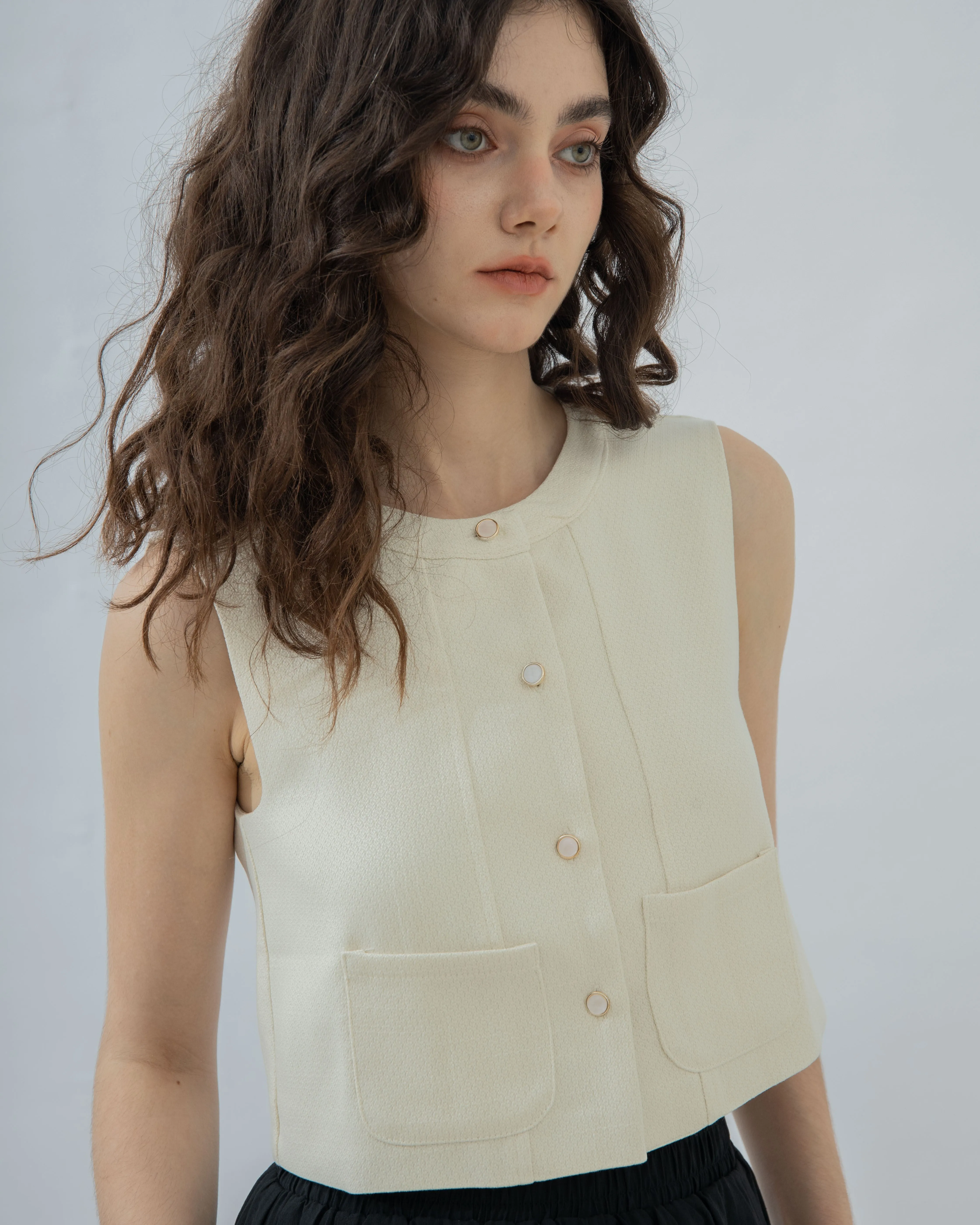 Sleeveless Pocket Crop Top (Beige Mix)