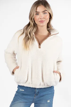 Stay Here Beige Contrast Trim Sherpa Pullover SALE